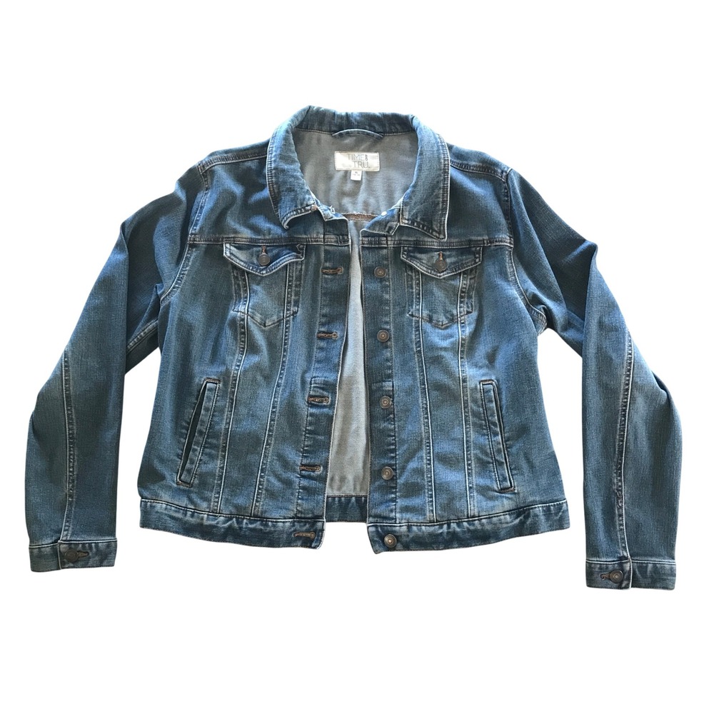 Time and Tru Womens Denim Jacket Medium Wash Blue Trucker Jean Jacket XL 16-18